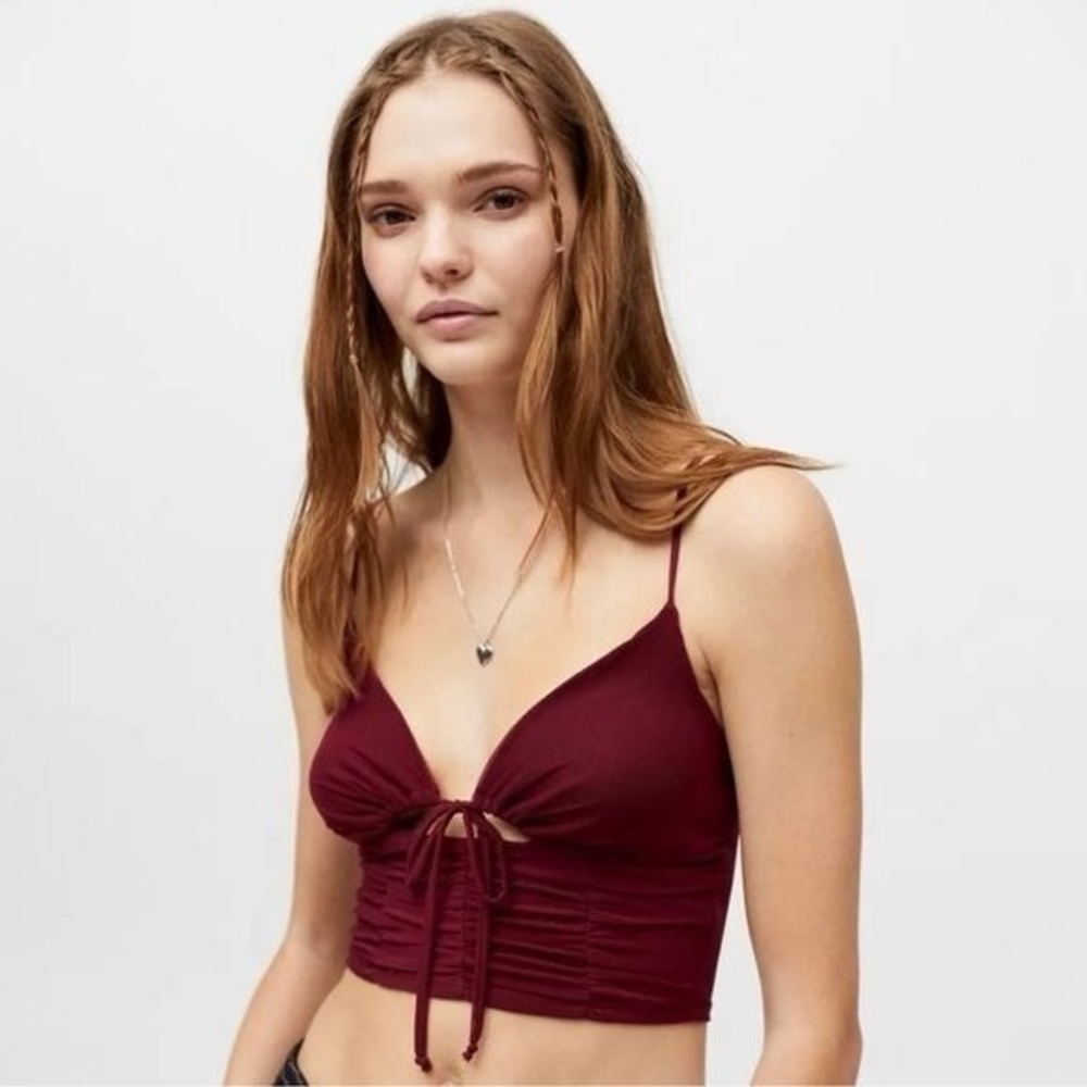 Urban Outfitters Wine Red Tie-Front Ruched Crop Top